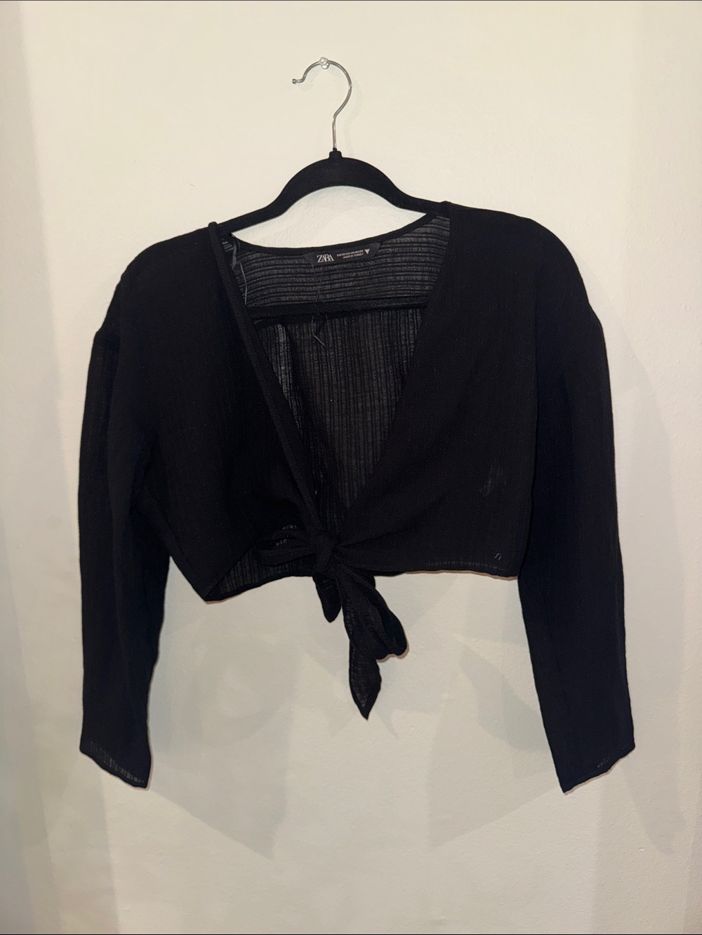 Zara Black Ribbed Tie-Front Cropped Top
